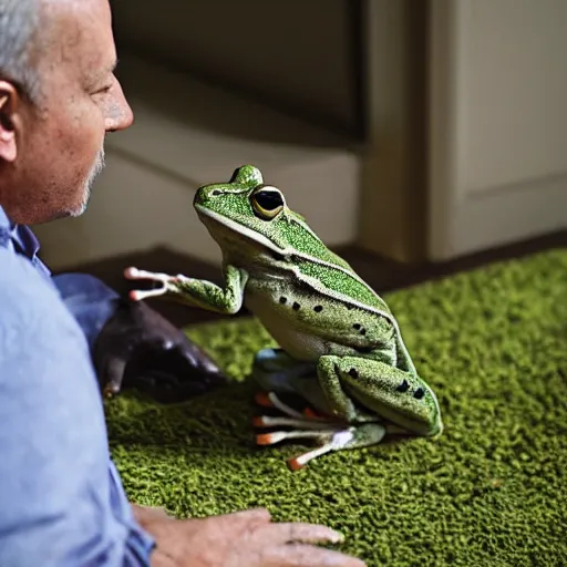 Image similar to photo of a frog man talking with his cat