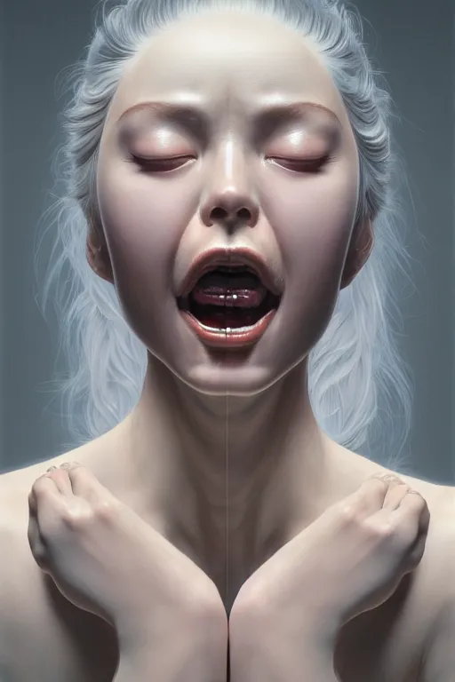 Prompt: hyperrealistic photography of a gorgeous girl staring at her hands and screaming in the style of jin kagetsu, james jean, chris cunninham, hans bellmer and wlop, highly detailed, face symmetry, masterpiece, award - winning, sharp focus, intricate concept art, ambient lighting, 8 k, artstation