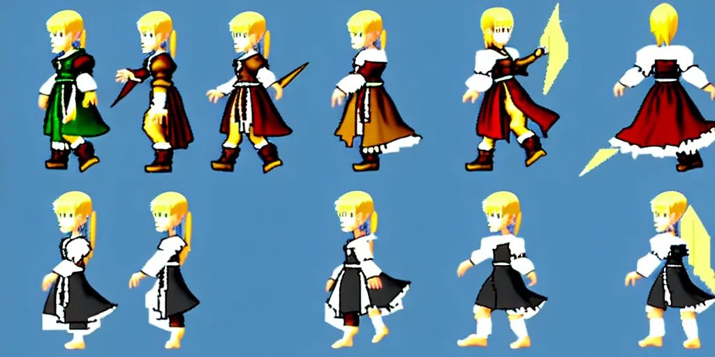 Image similar to walking cycle sprite sheet of a girl in a renaissance dress, walking to the right, each sprite is a different frame of the animation, in the style of final fantasy games, side view of her taking steps, accurate walk cycle, walk cycle, walk cycle, peasant clothes, always wearing the same clothes
