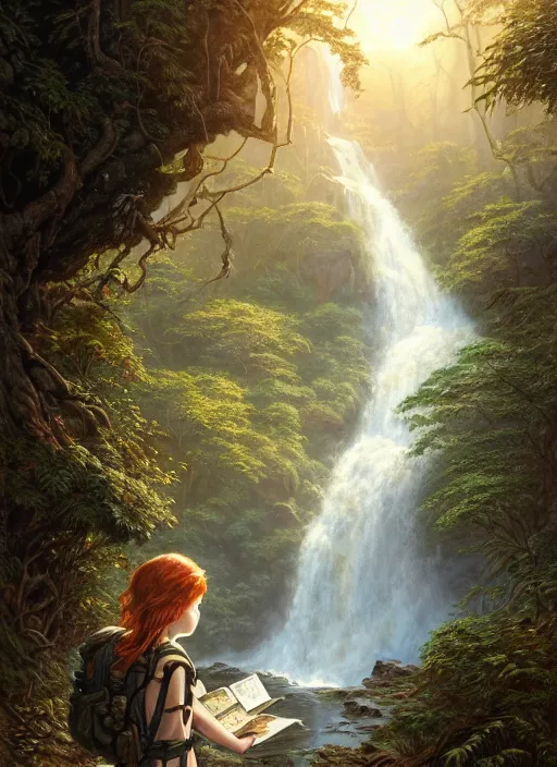 Image similar to detailed intricate digital illustration by james gurney and greg rutkowski and artgerm and wlop and sanford robinson gifford ; young red - haired explorer girl with a backpack and map, in an ancient forest, shimmering waterfall in background ; 1 3 mm film, arri alfa anamorphic lens ; sharp focus, golden hour lighting, trending on artstation 4 k