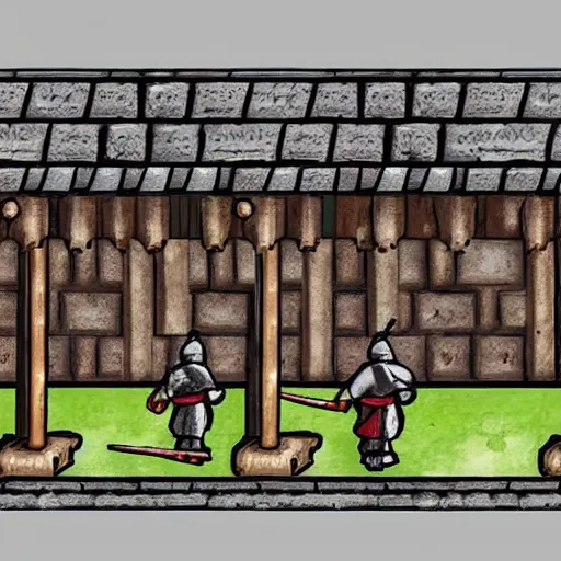 Image similar to a medieval barrack where you train warriors, painted, 2 d game