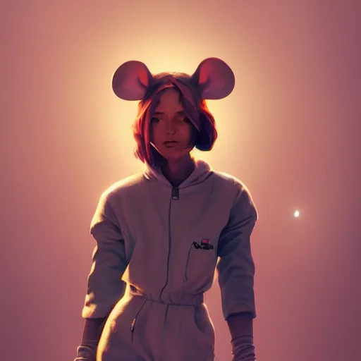 Prompt: beautiful girl wearing mouse ears and jumpsuit, sharp focus, octane render, volumetric lighting, 8k high definition, by greg rutkowski, highly detailed, trending on art Station