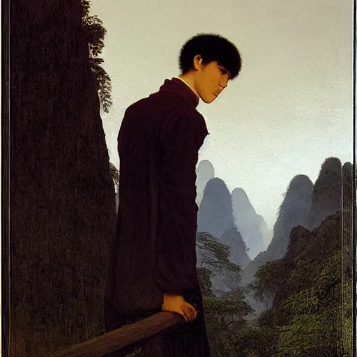 Image similar to a young man in guilin, by caspar david friedrich,