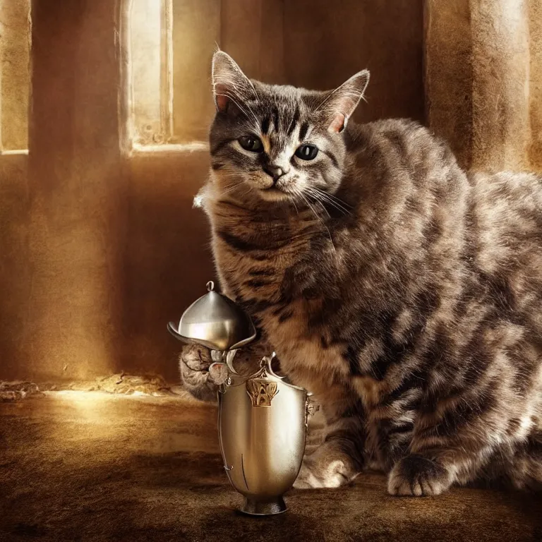 Prompt: an amazing award winning photo of a cat as a knight templar protecting the holy grail, very detailed and sharp, 4k hdr, cinematic masterpiece