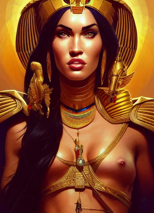 Image similar to portrait of megan fox as egypt queen, scarab, pyramids, gold, intricate, headshot, highly detailed, digital painting, artstation, concept art, sharp focus, cinematic lighting, illustration, art by artgerm and greg rutkowski, alphonse mucha, cgsociety