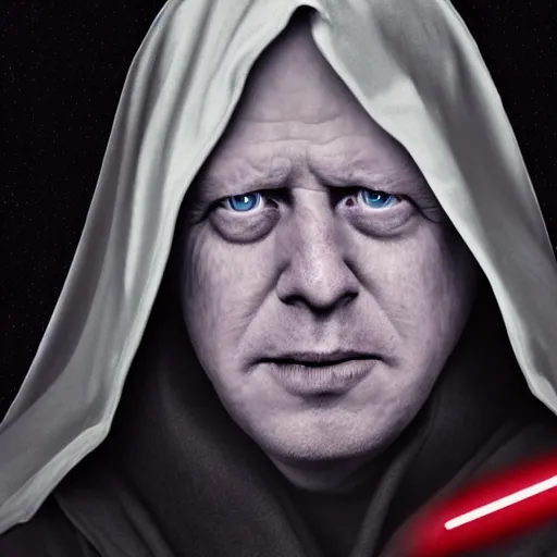 Image similar to A photo of (((Boris Johnson))) as Emperor Palpatine, hooded, ashy, bloodshot eyes, cinematic lighting, f 2.5