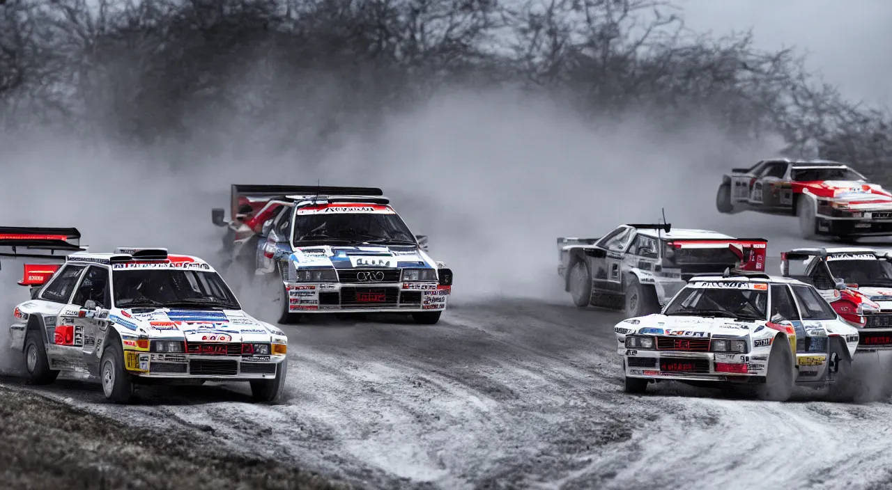 Image similar to epic audi quattro s1 rally race, high definition, high detail, art, cinematic,