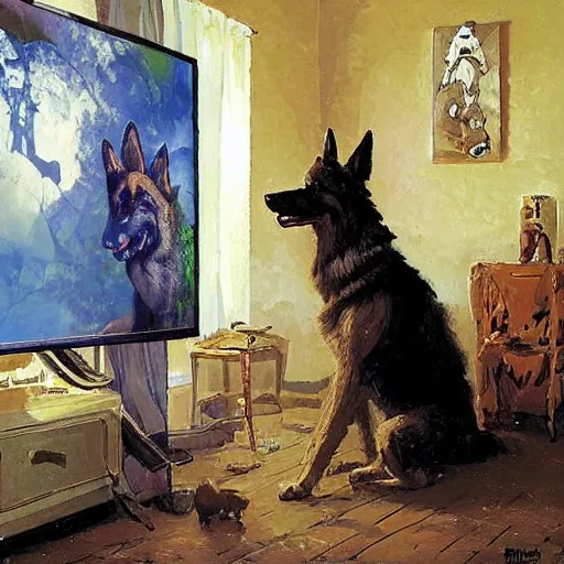 Image similar to a humanoid german shepherd beast - man, sitting and watching a soccer match in his house on television, he has hurt his knee and is a dad, by erin hanson, alexi zaitsev, karl spitzweg, award winning, tv set