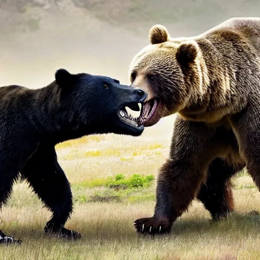 Image similar to national geographic extremely high quality photo of a dinosaur fighting a bear,