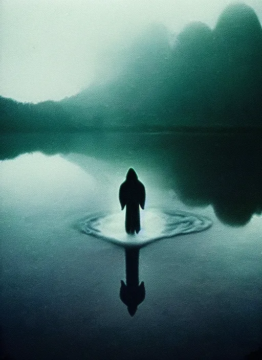 Image similar to “unicorn pepe the frog vertically hovering above misty lake waters in jesus christ pose, low angle, long cinematic shot by Andrei Tarkovsky, paranormal, eerie, mystical”