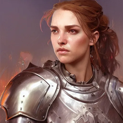 Image similar to front view portrait of a rugged female as a bruised knight with a shield and heavy armor, fantasy, intricate, headshot, highly detailed, digital painting, artstation, concept art, sharp focus, cinematic lighting, illustration, art by artgerm and greg rutkowski, alphonse mucha, cgsociety