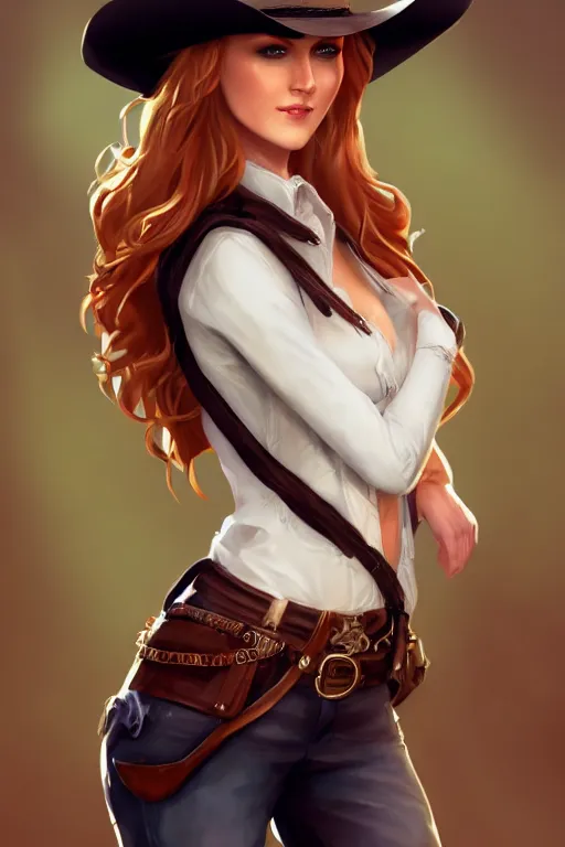 Image similar to full body, katherine mcnamara cowgirl, perfect face, white blouse, holster, 8 k, magic the gathering, desert, d & d, artstation, high detail, smooth, sweaty character concepts by senior concept artist