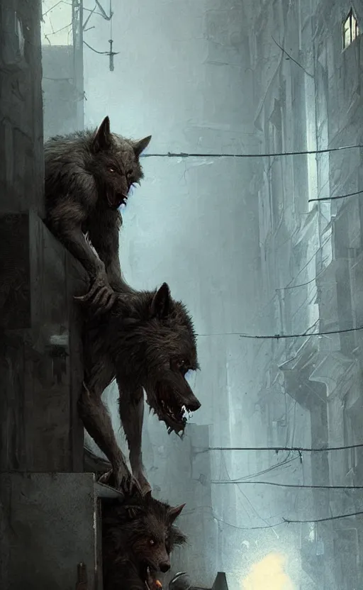 Image similar to hyperrealistic, Portrait of a werewolf crouched in a dark alley, fantasy, highly detailed, cinematic lighting, digital art painting by greg rutkowski