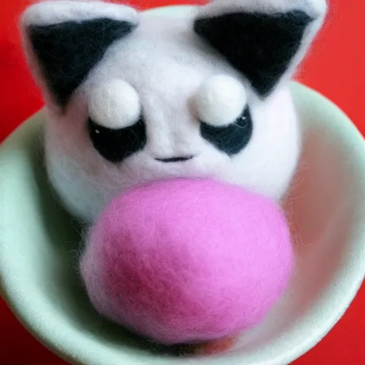 Prompt: a needle felted jigglypuff pokemon, needle felting art.