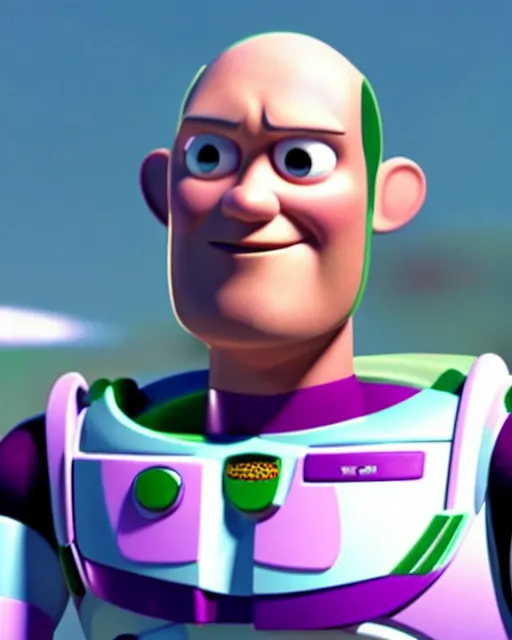 Image similar to Film still close-up shot of Jason Statham as Buzz Lightyear in the movie Toy Story 3. Photographic, photography