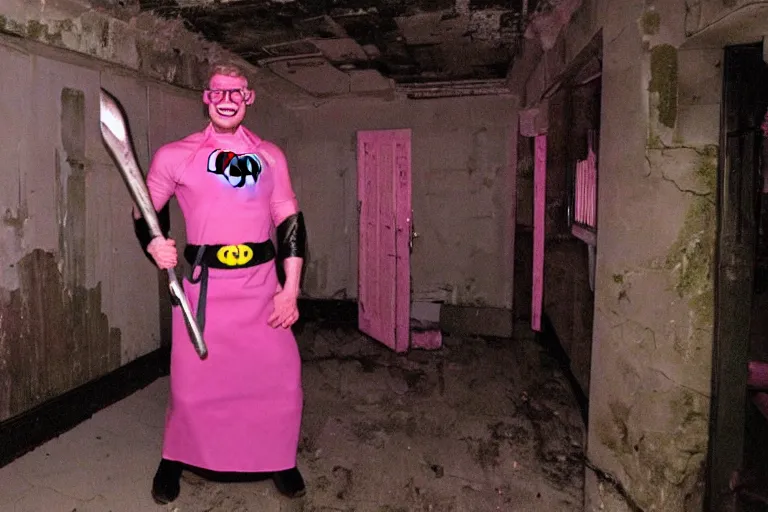 Image similar to batman wearing pink apron wielding an axe, chasing through old brown decrepit hallway, creepy smile, atmospheric eerie lighting, dim lighting, bodycam footage, photograph