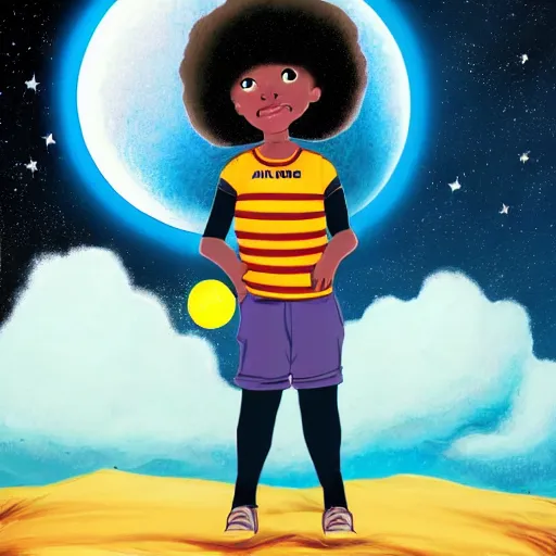 Prompt: a black boy with an afro dressed like an astronaut in a field of cotton candy watching the moon explode, retroscifi
