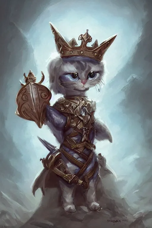 Image similar to cute little anthropomorphic cat knight wearing a cape and a crown, tiny, small, miniature cat , baby animal, short, pale blue armor, cute and adorable, pretty, beautiful, DnD character art portrait, matte fantasy painting, DeviantArt Artstation, by Jason Felix by Steve Argyle by Tyler Jacobson by Peter Mohrbacher, cinematic lighting