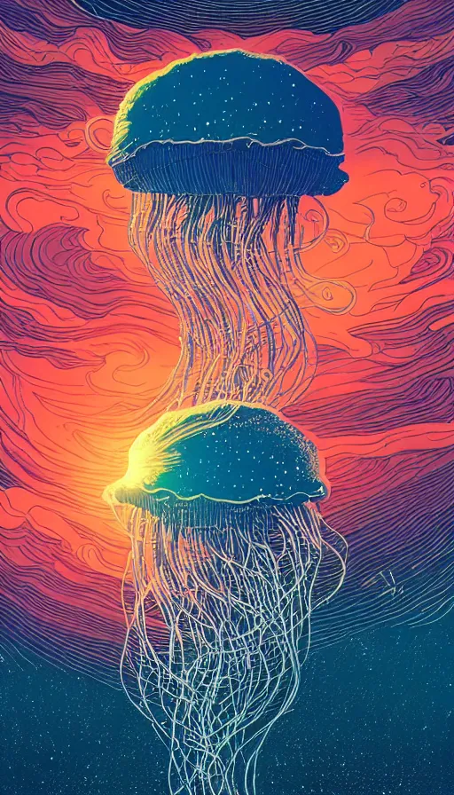 Image similar to jellyfish floating on cosmic cloudscape at sunset, futurism, dan mumford, victo ngai, kilian eng, da vinci, josan gonzalez