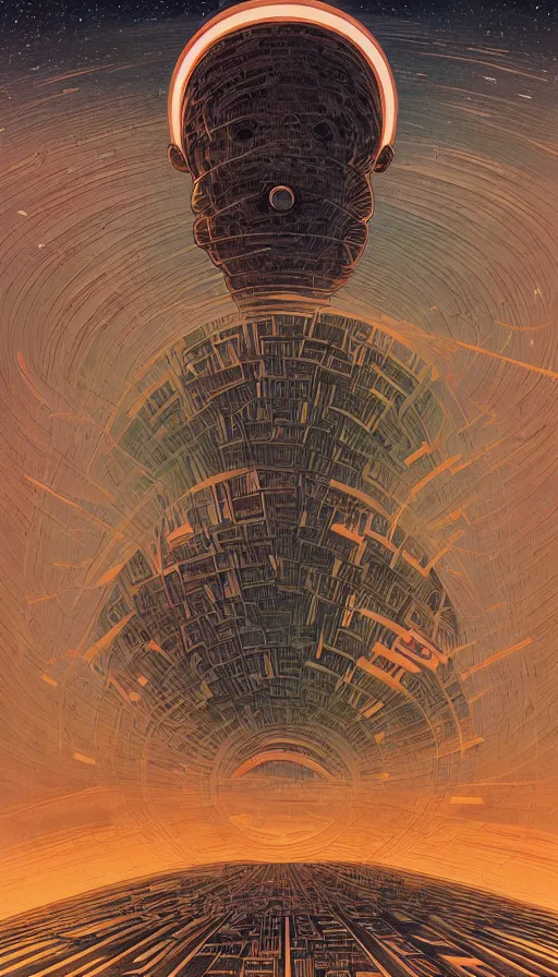 Image similar to The oracle of bibliophiles on cosmic cloudscape, italian futurism, Dan Mumford, da vinci, Victo Ngai