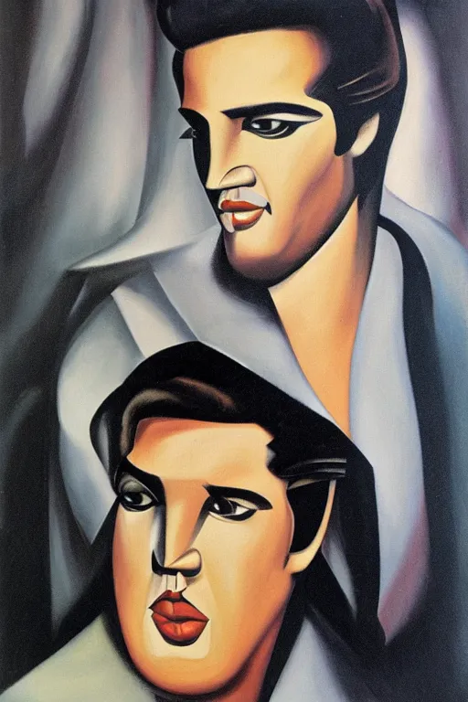 Image similar to portrait of elvis presley, by tamara de lempicka