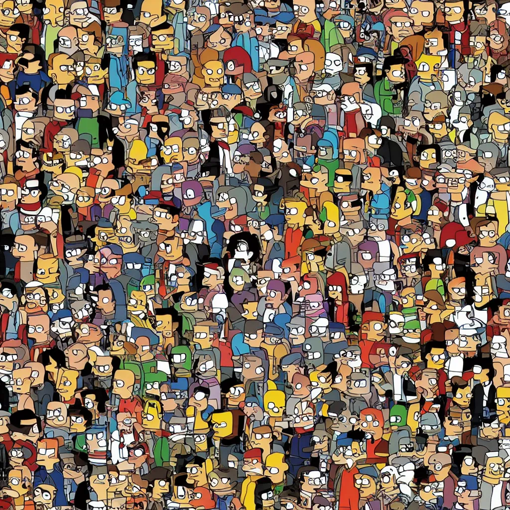 Image similar to where's waldo in the futurama, bender.