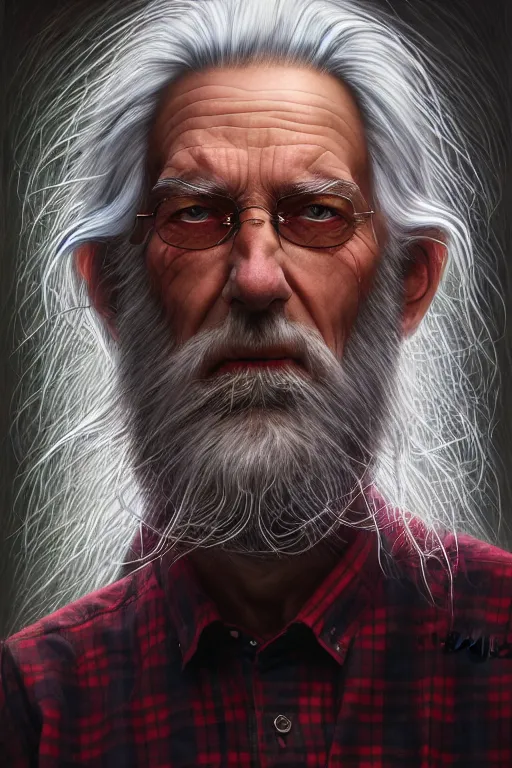 Image similar to an old man wear plaid red shirt + long grey hair + no beard is the man who know everything in the universe by karol bak, james jean, tom bagshaw, rococo, sharp focus, trending on artstation, cinematic lighting, hyper realism, octane render, 8 k, hyper detailed, vivid, ultra detailed, highly detailed