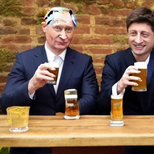 Prompt: Zelensky and Putin drinking beer and having fun