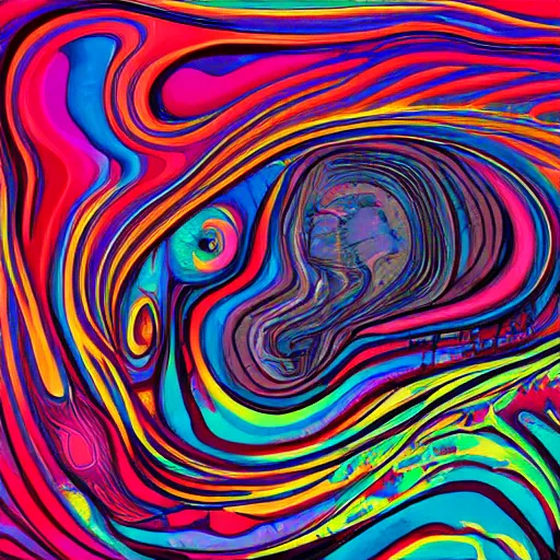 Image similar to fluid dynamics flow art a painting of an mushroom with a colorful swirl, acrylic marbling art by sam spratt, deviantart, psychedelic art, psychedelic, cosmic horror, chromatic