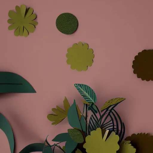 Image similar to A paper cutout garden, cinematic diffused lighting ,soft color scheme