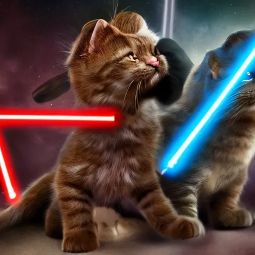 Image similar to Sith kitties in light saber battle with jedi puppies, high quality, detailed, digital art, 4K, OLED, shadows, reflections, Star wars background