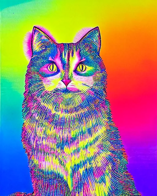 Prompt: a giant contraption for probing and amplifying the thoughts of a fluffy cat, exhibited and touted by its inventor at a county fair in rural Kansas, a Victorian lithograph, by Felipe Pantone, Lisa Frank