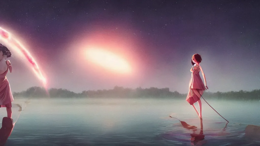 Image similar to whimsical, beautiful playful women, wearing professional makeup, standing in a lake, blowing smoke, under the stars, with a binary black hole with a ring in the sky, by Studio Ghibli, by Greg Rutkowski, by Steve Argyle, face enhance, volumetric lighting, 4k resolution, octane render, trending on artstation