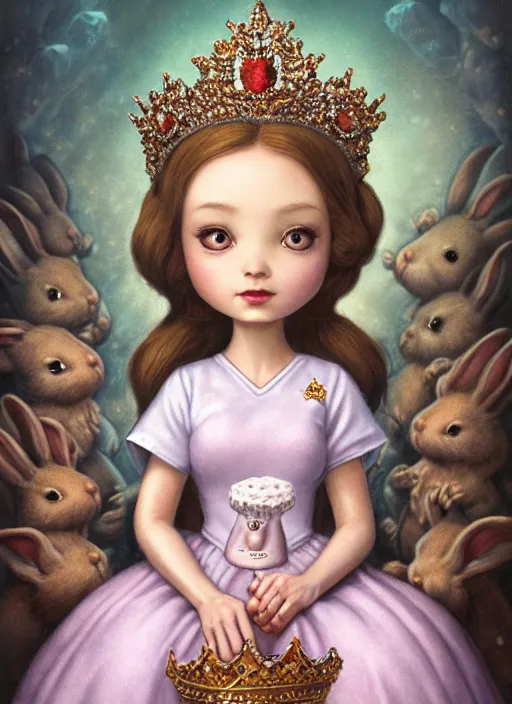 Prompt: highly detailed closeup portrait of a nurse princess wearing a crown and sitting on an ice throne surrounded by bunnies, nicoletta ceccoli, mark ryden, lostfish, earl nore, hyung tae, frank frazetta, global illumination, god rays, detailed and intricate environment