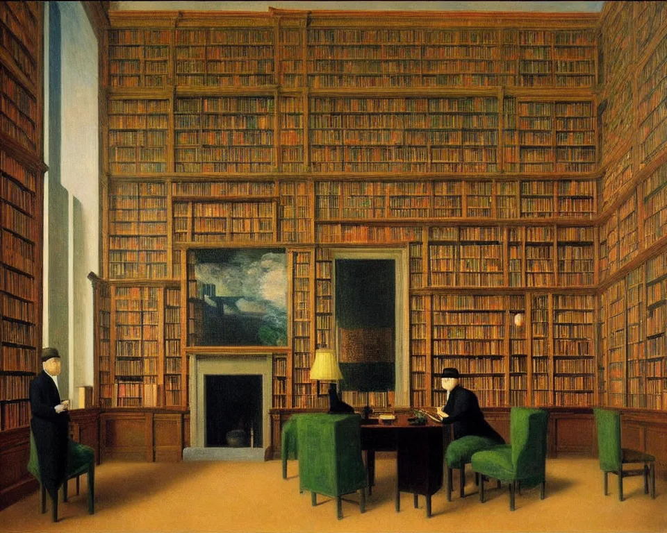 Prompt: achingly beautiful painting of a sophisticated, well - decorated library by rene magritte, monet, and turner.