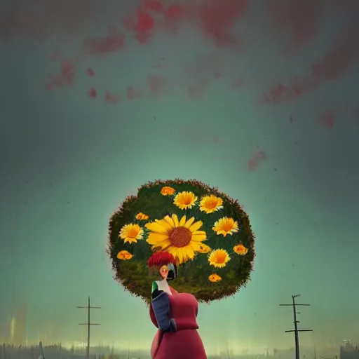 Image similar to giant daisy flower under head, frontal, a girl in a suit, surreal photography, sunrise, dramatic light, impressionist painting, digital painting, artstation, simon stalenhag