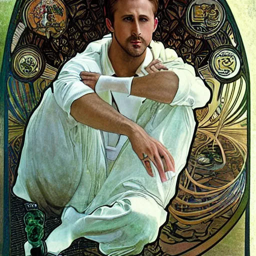 Image similar to A delicate painting of Ryan Gosling in Drive 2011 sitting at a pond, by Alphonse Mucha, art nouveau, detailed, elegant