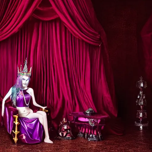 Prompt: A 4k photo skinny woman with purple hair wearing a diamond crown, sitting in a red throne in a dark and obscure room.