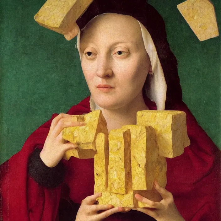 Prompt: a closeup portrait of a horned woman, holding up a block of iridescent tofu, tofu block, tofu cubes, by jan van eyck