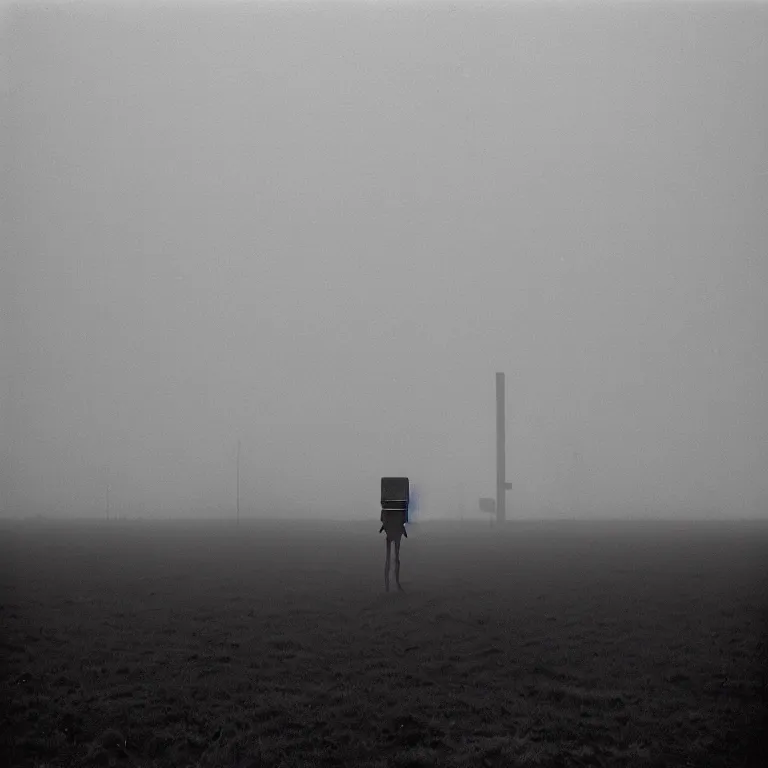 Image similar to a sole angular lanky liminal observer droid, in a brutalist yet rural landscape by simon stalenhag, 3 5 mm film photography, dawn, eerie fog