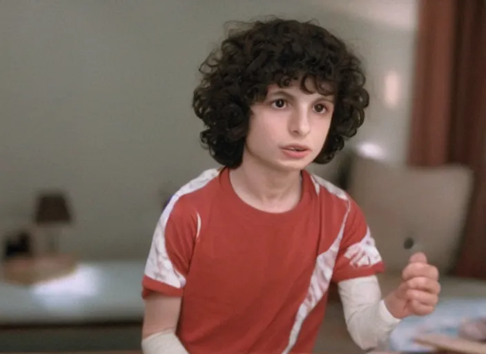 Prompt: film still of Finn Wolfhard as Elliot in ET 1982