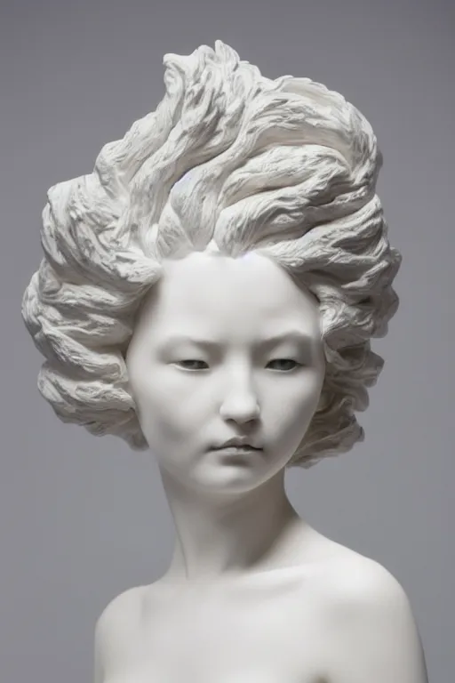 Image similar to full head and shoulders, beautiful female porcelain sculpture by daniel arsham and raoul marks, smooth, all white features on a white background, hair piled high like ice - cream, delicate facial features, white eyes, white lashes, detailed white,