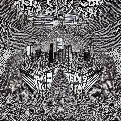 Image similar to “geometrically surreal city, extremely high detail, photorealistic, intricate line drawings, dotart, album art in the style of James Jean”