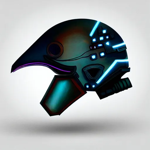 Prompt: cyberpunk helmet in the shape of a bird, a beak, glowing leds, concept art, artstation, high details, stickers