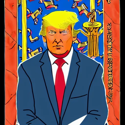 Image similar to Donald Trump in Thoth tarot deck, style of Lady Frieda Harris, 4K