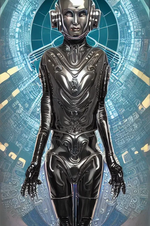 Prompt: retro-futuristic portrait of a beautiful female android in dusty chrome armour, dancing pose, ornate background, ornate pattern, glowing eyes, evil expression, high details, intricate details, renaissance style, painting by vincent di fate, artgerm julie bell beeple, 80s, Smooth gradients, High contrast, depth of field, very coherent symmetrical artwork