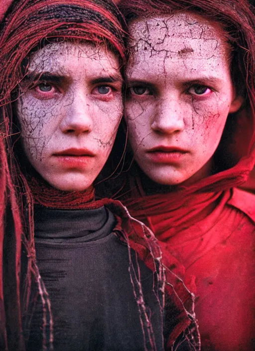 Image similar to cinestill 5 0 d photographic portrait by steve mccurry of two loving female androids wearing rugged black mesh techwear in a brutalist compound with a red sky, extreme closeup, cyberpunk style, dust storm, 8 k, hd, high resolution, 3 5 mm, f / 3 2, ultra realistic faces, ex machina