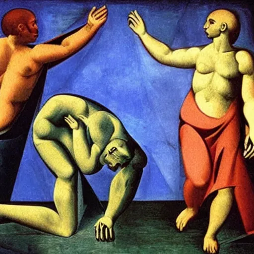 Prompt: creation of Adam painted by Pablo Picasso