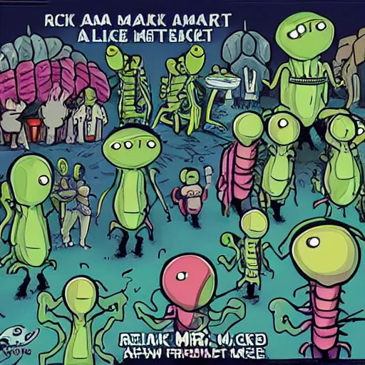 Image similar to an alien market, drawn like Rick and moray