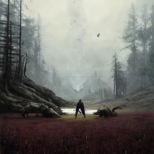 Prompt: annihilation ( 2 0 1 8 ) art by jakub rozalski, surreal mythological landscape by malczewski, legendary creature and animals heards